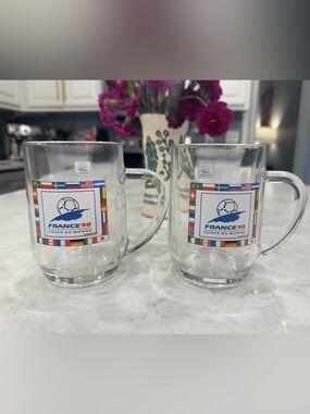 Vintage France 98 World Cup Glass Mug Set Soccer Coupe Du Monde Pair ⚽️